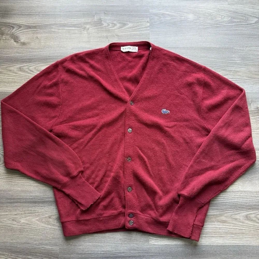Vintage Izod Lacoste Red Grandpa Cardigan Button Up Sweater Size XL USA